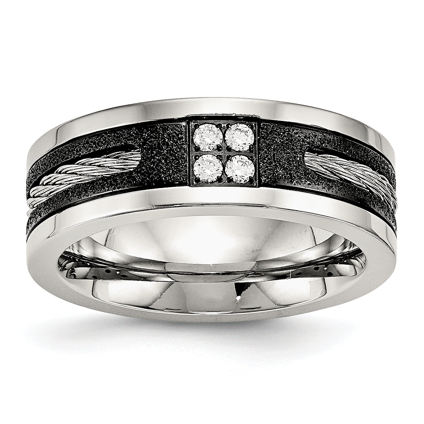 Stainless Steel Polished Black IP Laser Cut w/Cable Inlay & CZ 8mm Band Main image