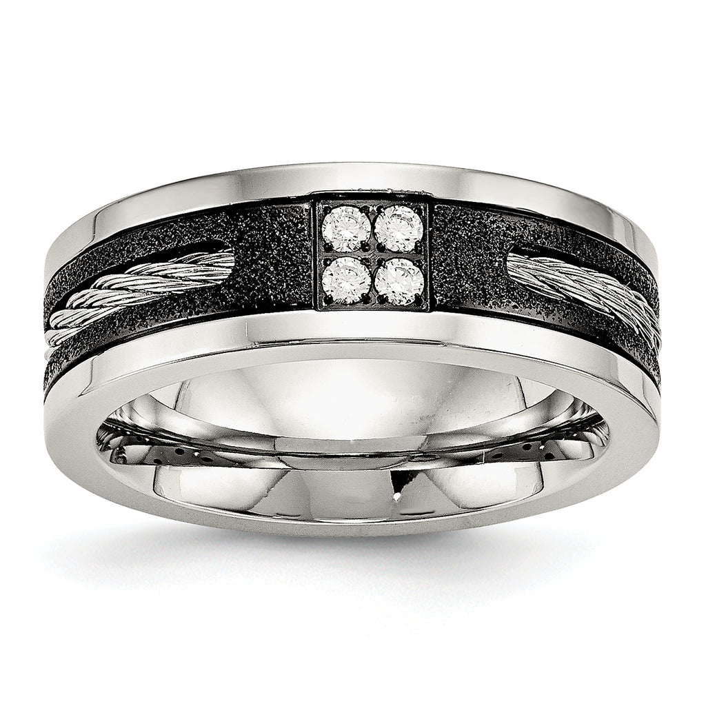 Stainless Steel Polished Black IP Laser Cut w/Cable Inlay & CZ 8mm Band