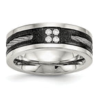 Stainless Steel Polished Black IP Laser Cut w/Cable Inlay & CZ 8mm Band