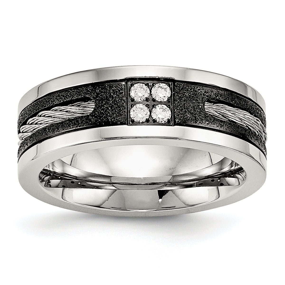 Stainless Steel Polished Black IP Laser Cut w/Cable Inlay & CZ 8mm Band