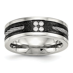 Stainless Steel Polished Black IP Laser Cut w/Cable Inlay & CZ 8mm Band