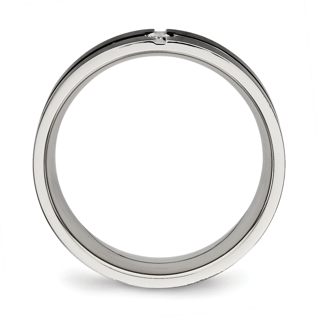 Stainless Steel Polished Black IP-plated CZ Grooved 8mm Comfort Fit Band