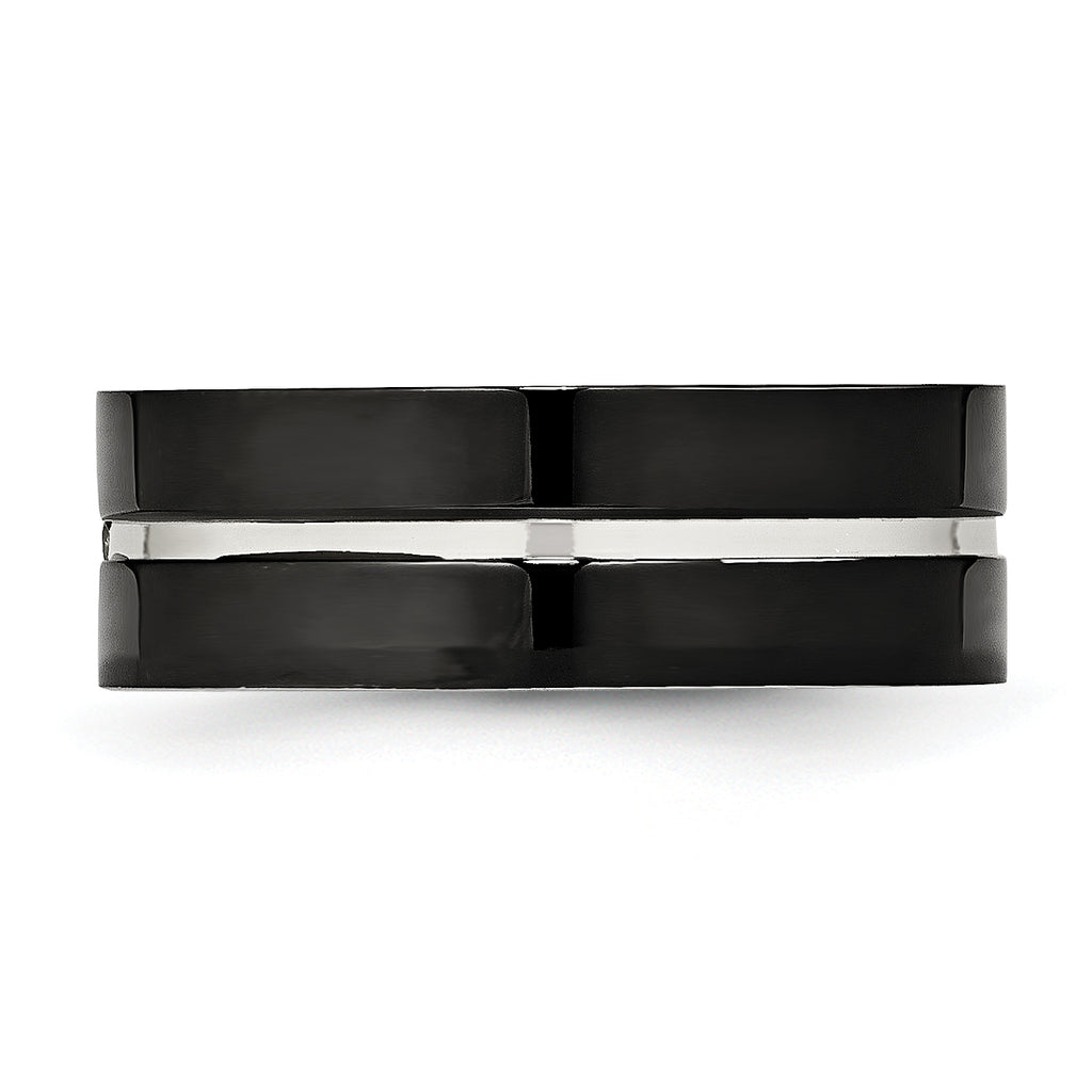 Stainless Steel Polished Black IP-plated CZ Grooved 8mm Comfort Fit Band