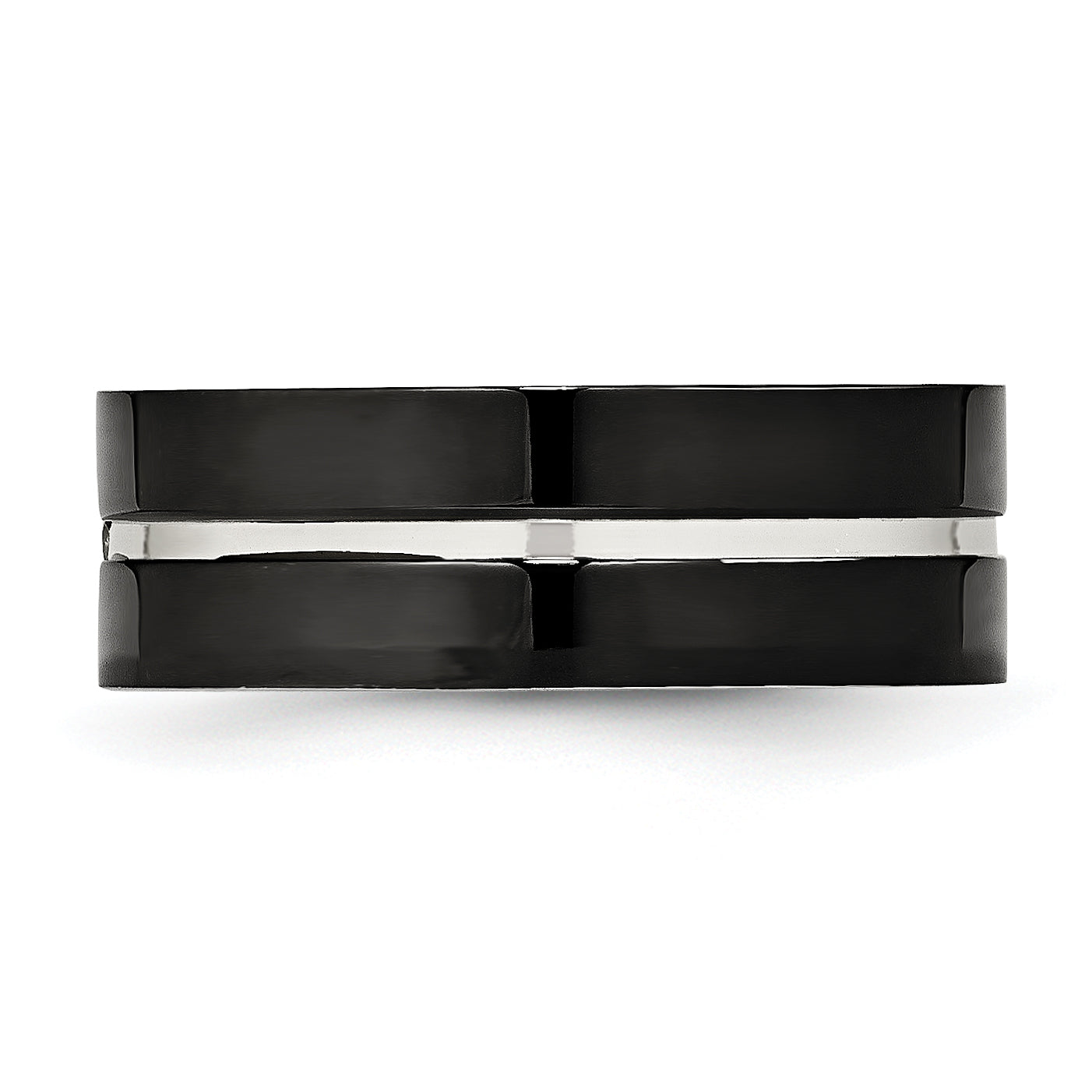 Stainless Steel Polished Black IP-plated CZ Grooved 8mm Comfort Fit Band