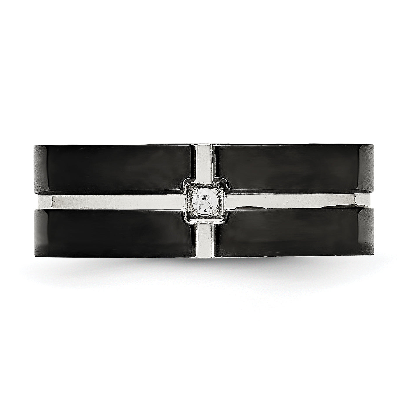 Stainless Steel Polished Black IP-plated CZ Grooved 8mm Comfort Fit Band