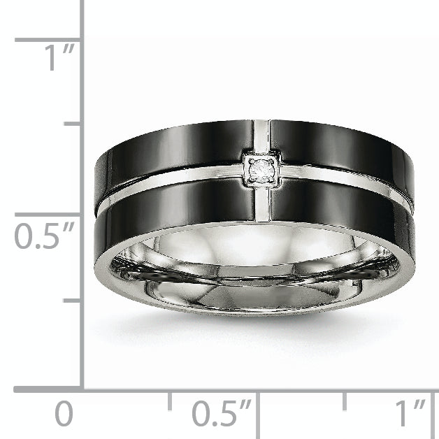 Stainless Steel Polished Black IP-plated CZ Grooved 8mm Comfort Fit Band