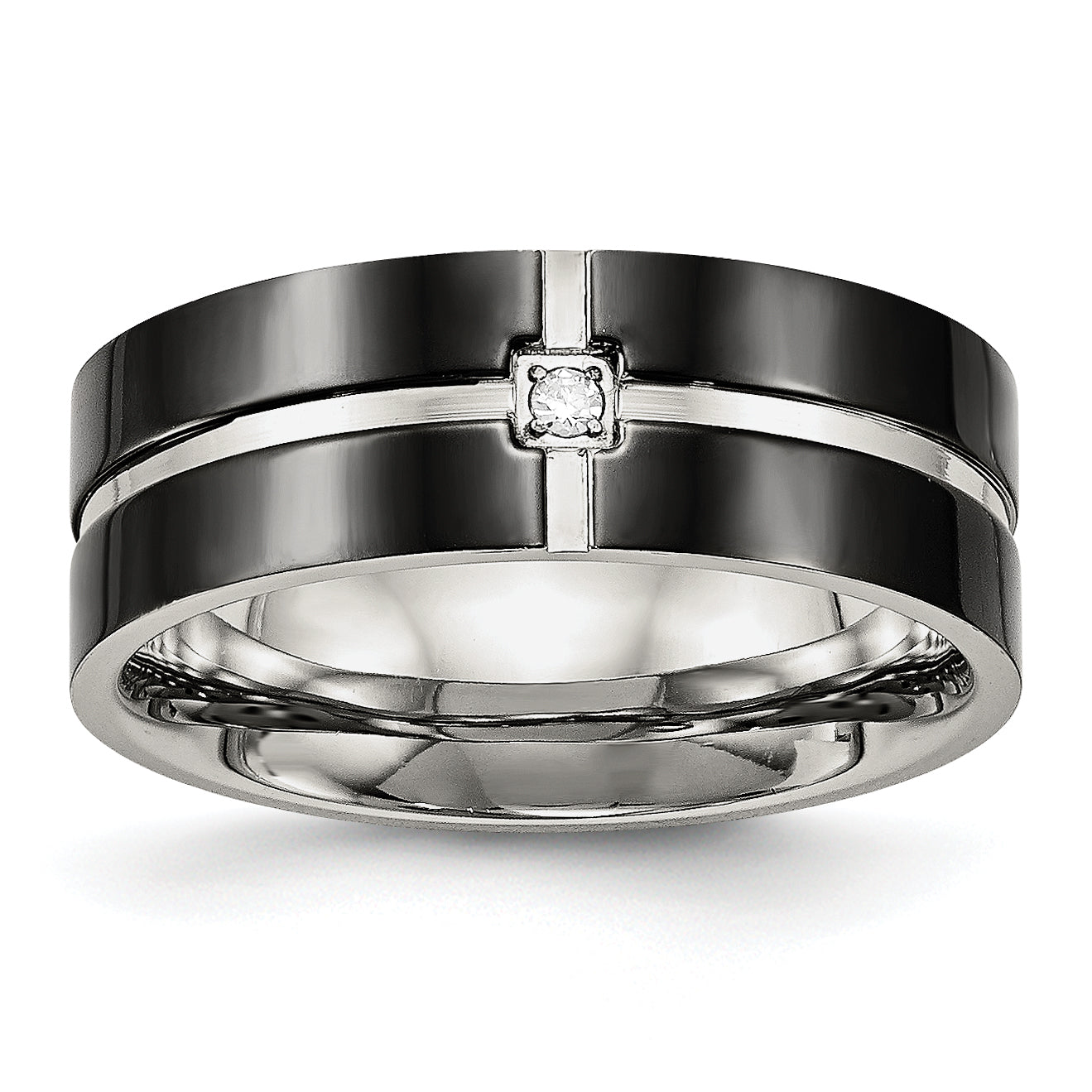 Stainless Steel Polished Black IP-plated CZ Grooved 8mm Comfort Fit Band Main image