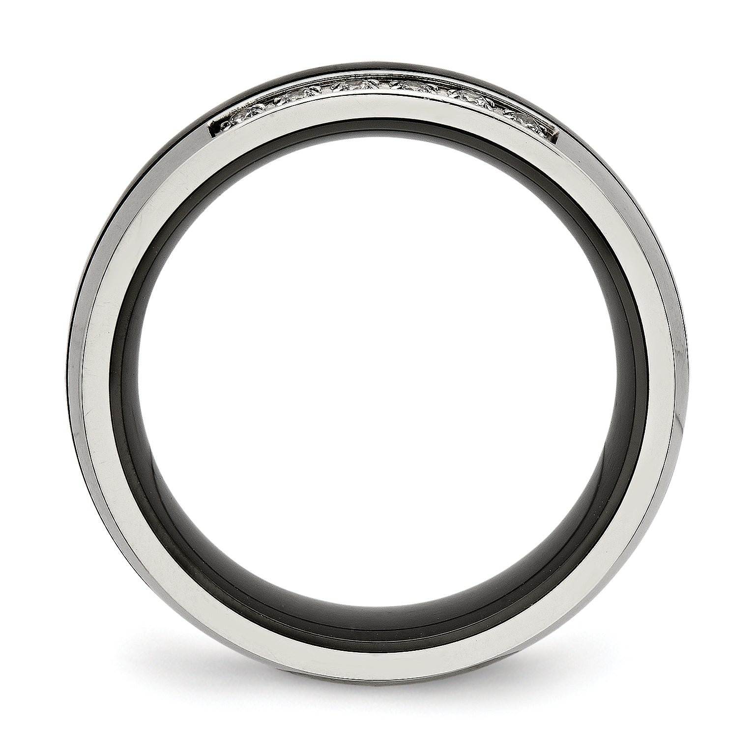 Chisel Stainless Steel Polished with Black Ceramic and CZ Ring