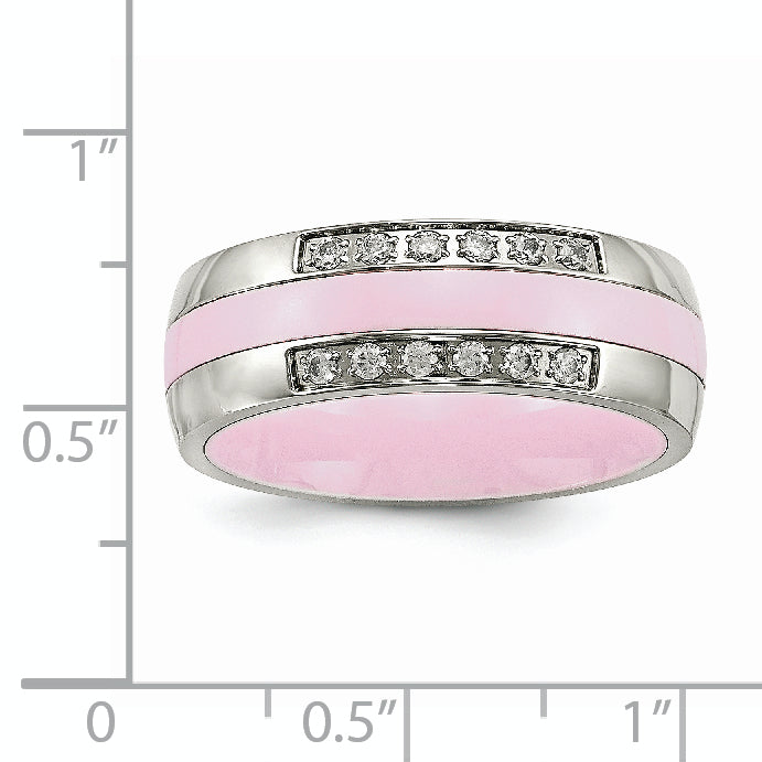 Stainless Steel Polished Pink Ceramic CZ Ring