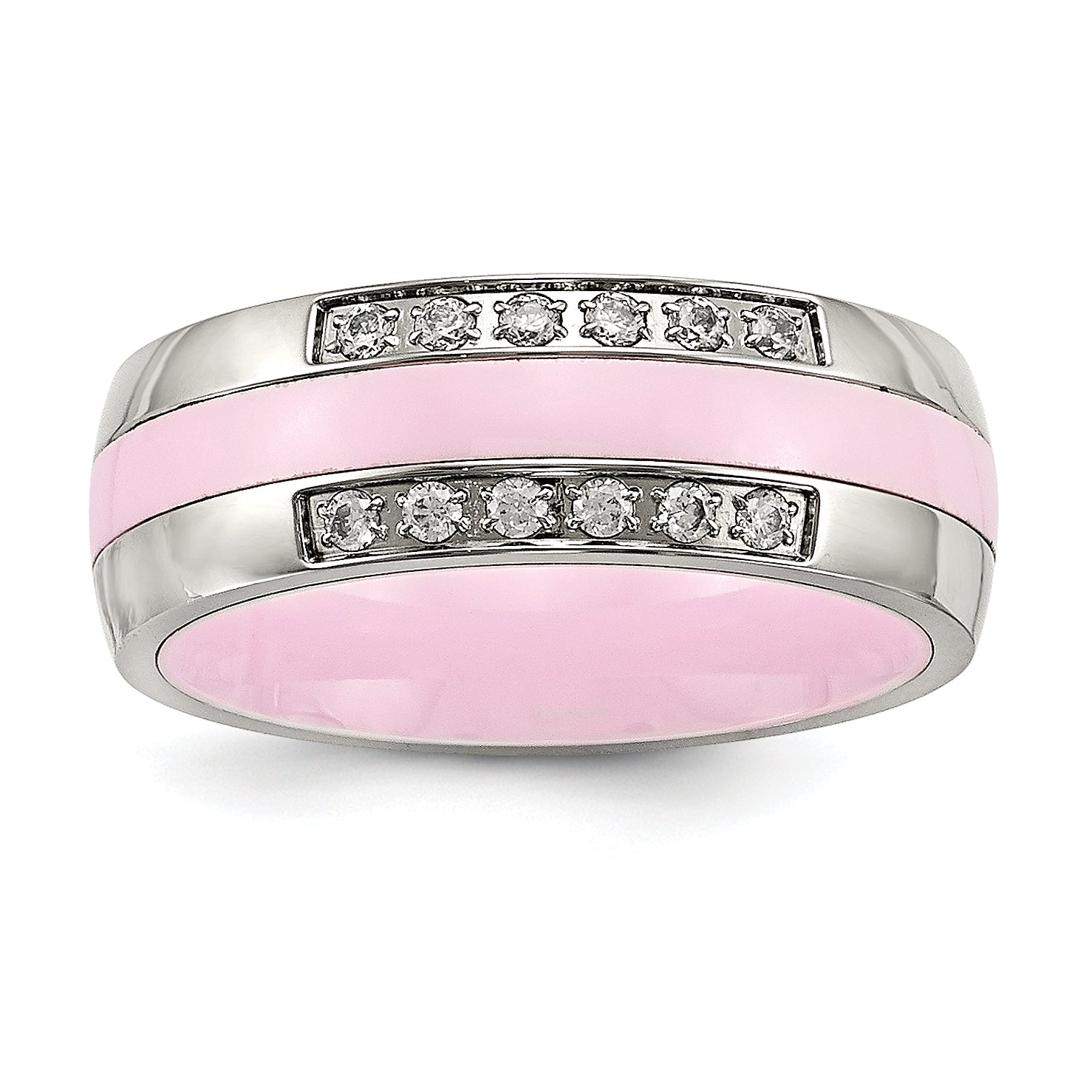 Stainless Steel Polished Pink Ceramic CZ Ring Main image
