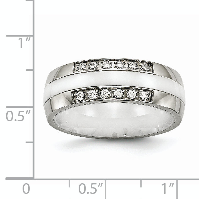 Stainless Steel Polished White Ceramic CZ Ring