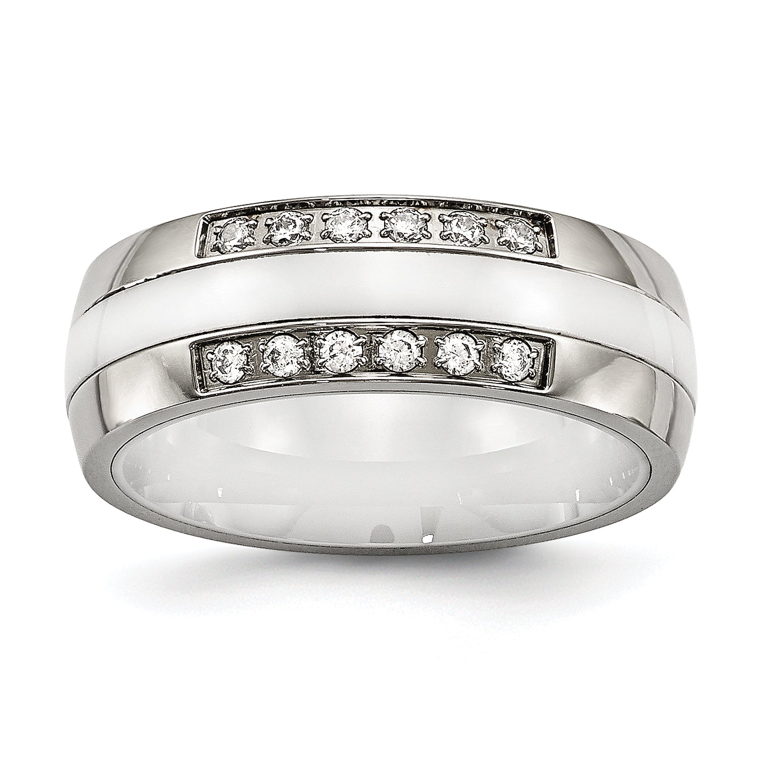 Stainless Steel Polished White Ceramic CZ Ring Main image