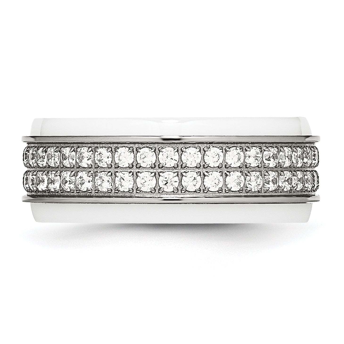 Chisel Stainless Steel Polished White Ceramic CZ Ridged Edge Ring Secondary image