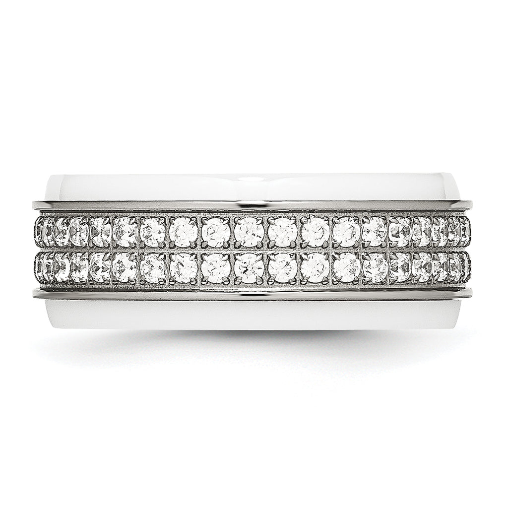 Chisel Stainless Steel Polished White Ceramic CZ Ridged Edge Ring