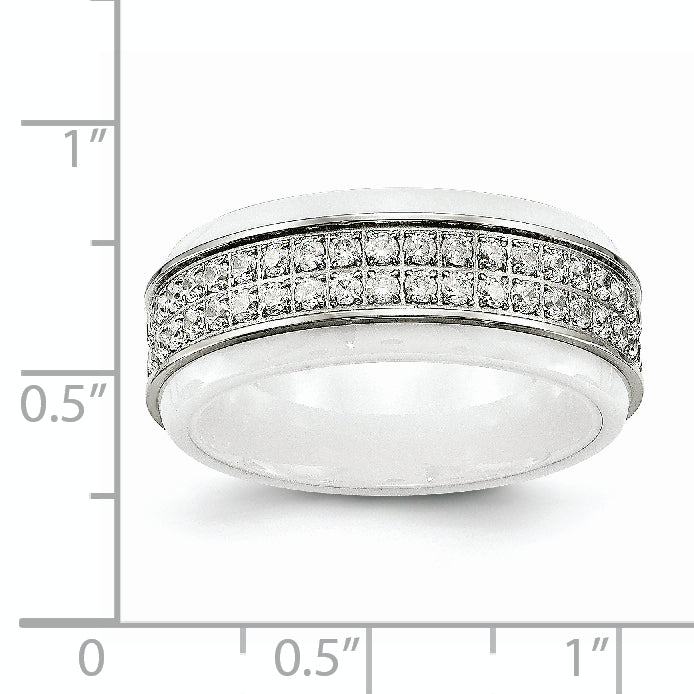 Chisel Stainless Steel Polished White Ceramic CZ Ridged Edge Ring