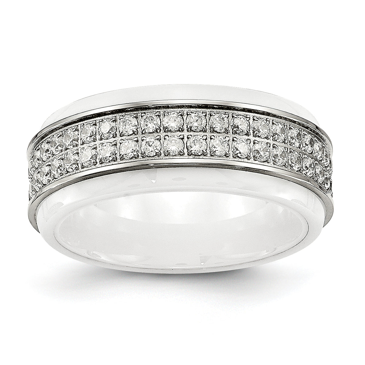Chisel Stainless Steel Polished White Ceramic CZ Ridged Edge Ring