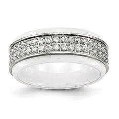 Chisel Stainless Steel Polished White Ceramic CZ Ridged Edge Ring