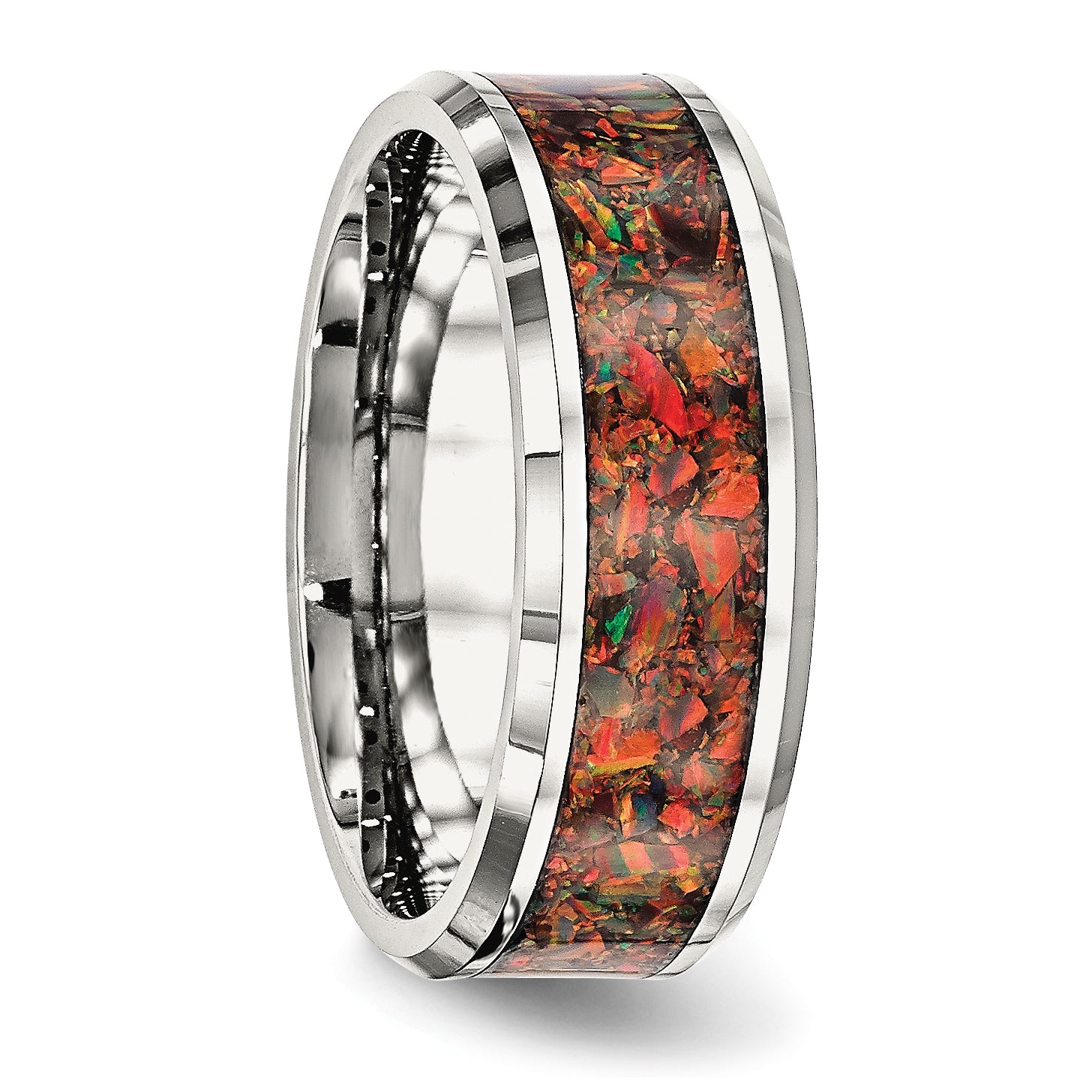 Chisel Stainless Steel Polished with Red Imitation Opal Inlay 8mm Band