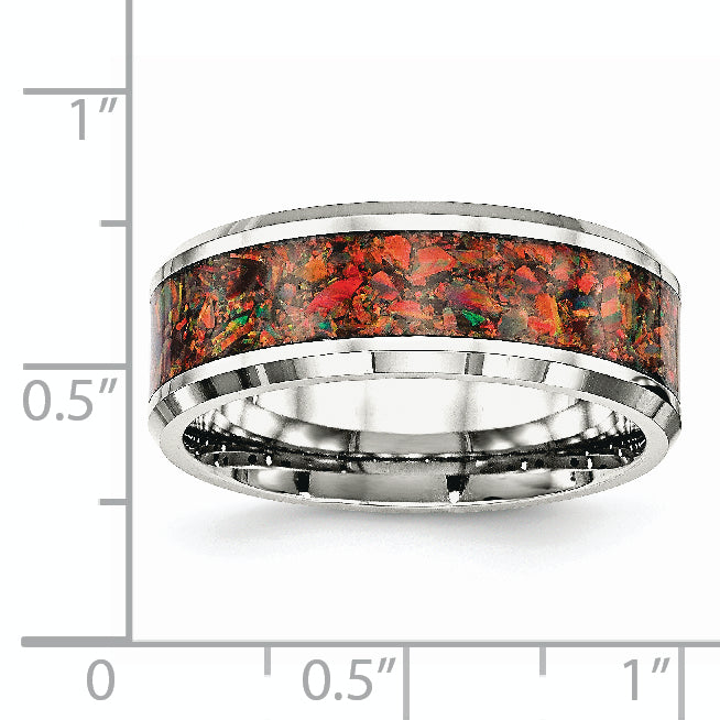 Chisel Stainless Steel Polished with Red Imitation Opal Inlay 8mm Band