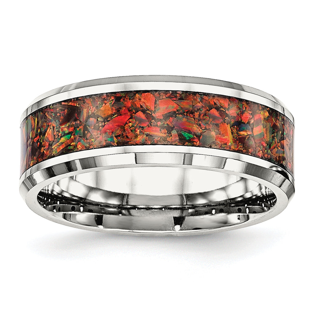 Chisel Stainless Steel Polished with Red Imitation Opal Inlay 8mm Band
