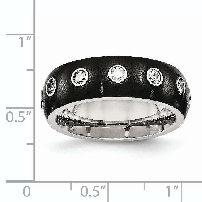 Chisel Stainless Steel Brushed and Polished Black IP-plated CZ Half Round 7mm Band