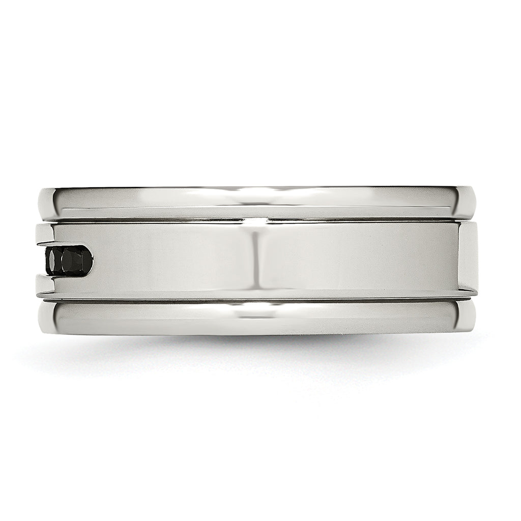 Stainless Steel Polished w/Black CZ 8mm Grooved Band
