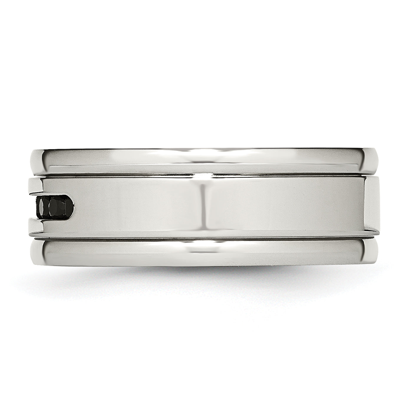 Stainless Steel Polished w/Black CZ 8mm Grooved Band