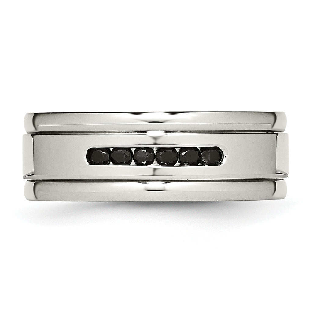 Stainless Steel Polished w/Black CZ 8mm Grooved Band