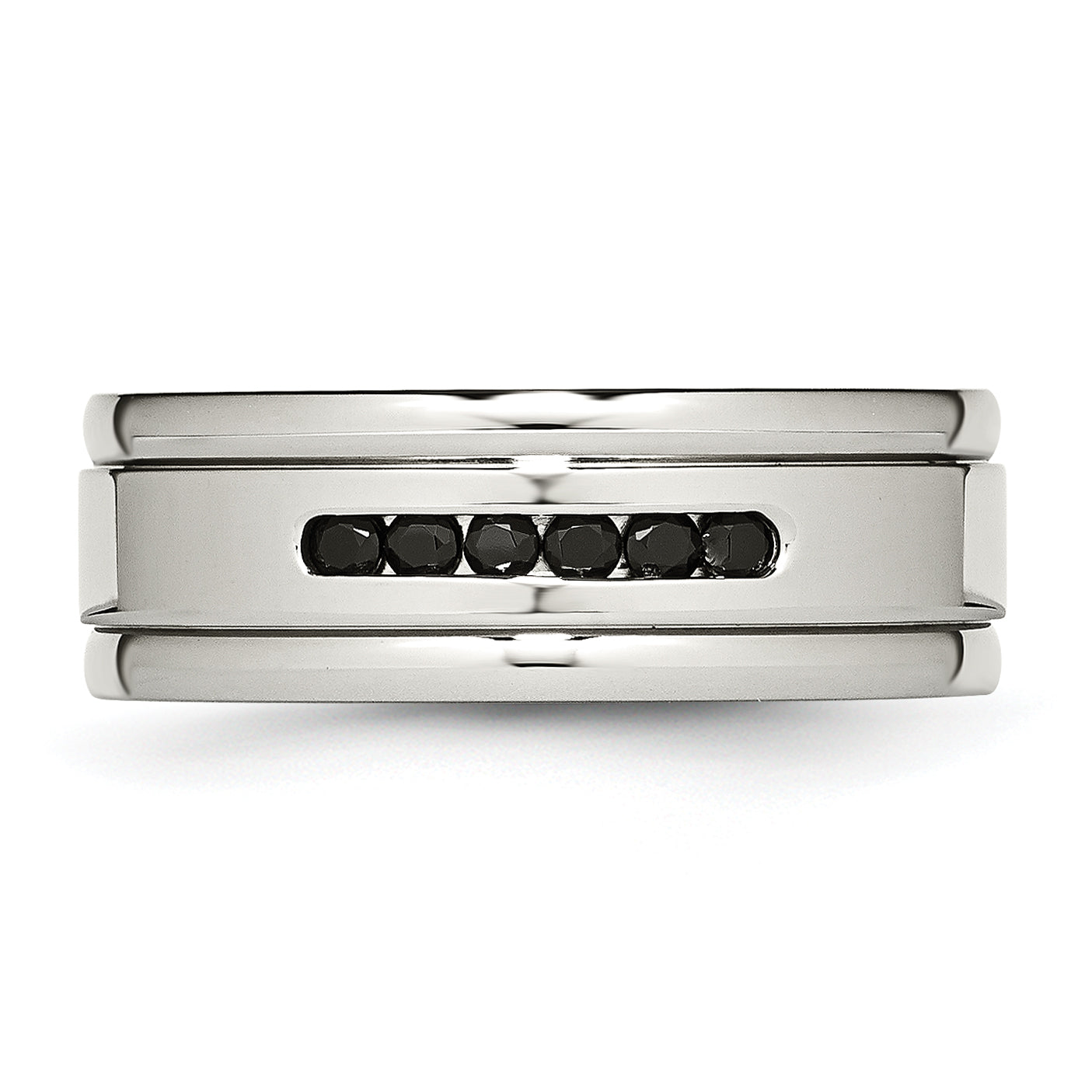 Stainless Steel Polished w/Black CZ 8mm Grooved Band