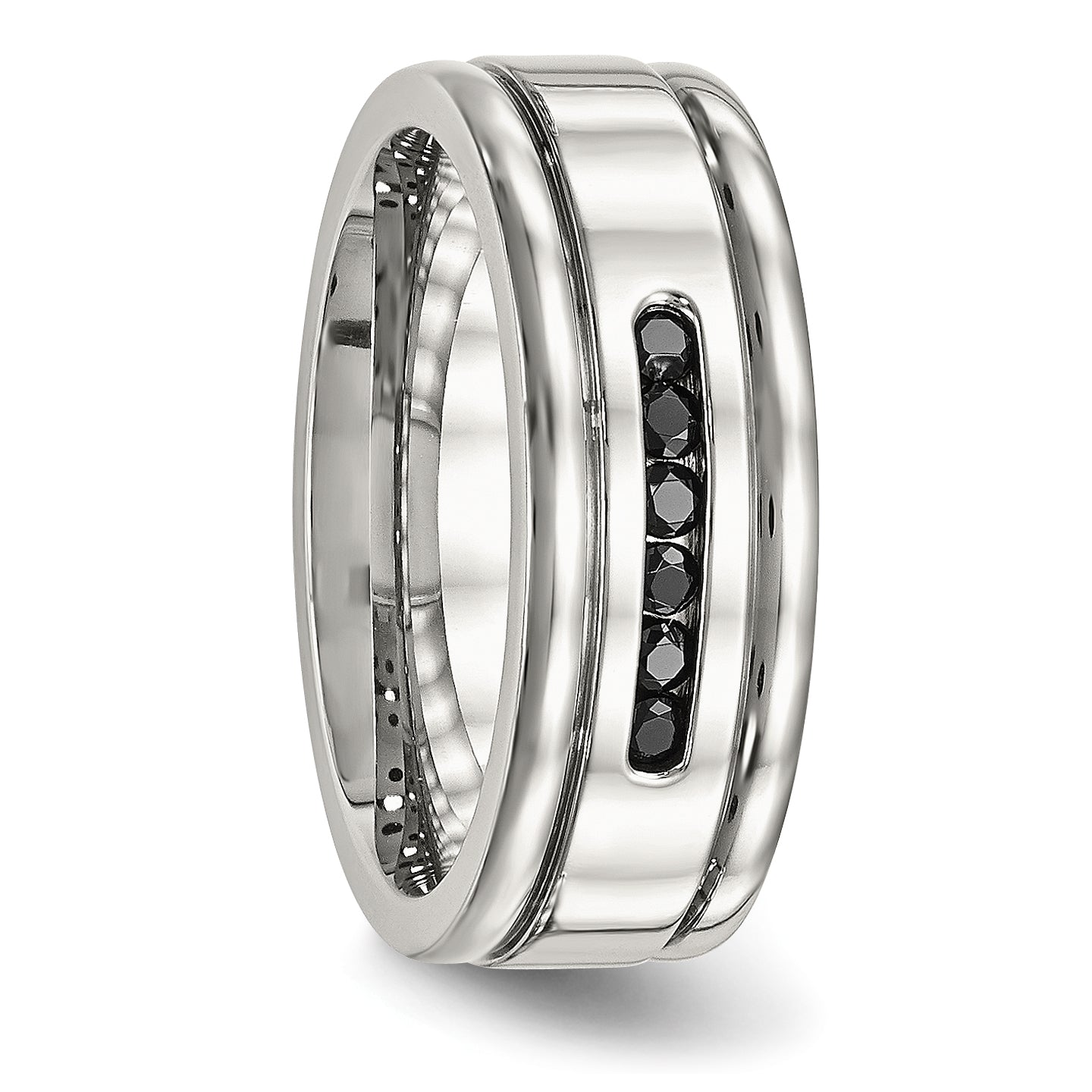 Stainless Steel Polished w/Black CZ 8mm Grooved Band