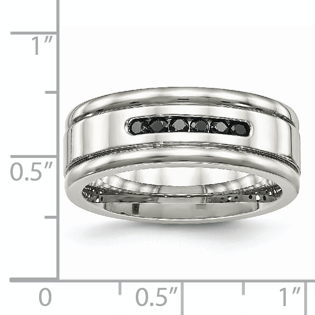 Stainless Steel Polished w/Black CZ 8mm Grooved Band