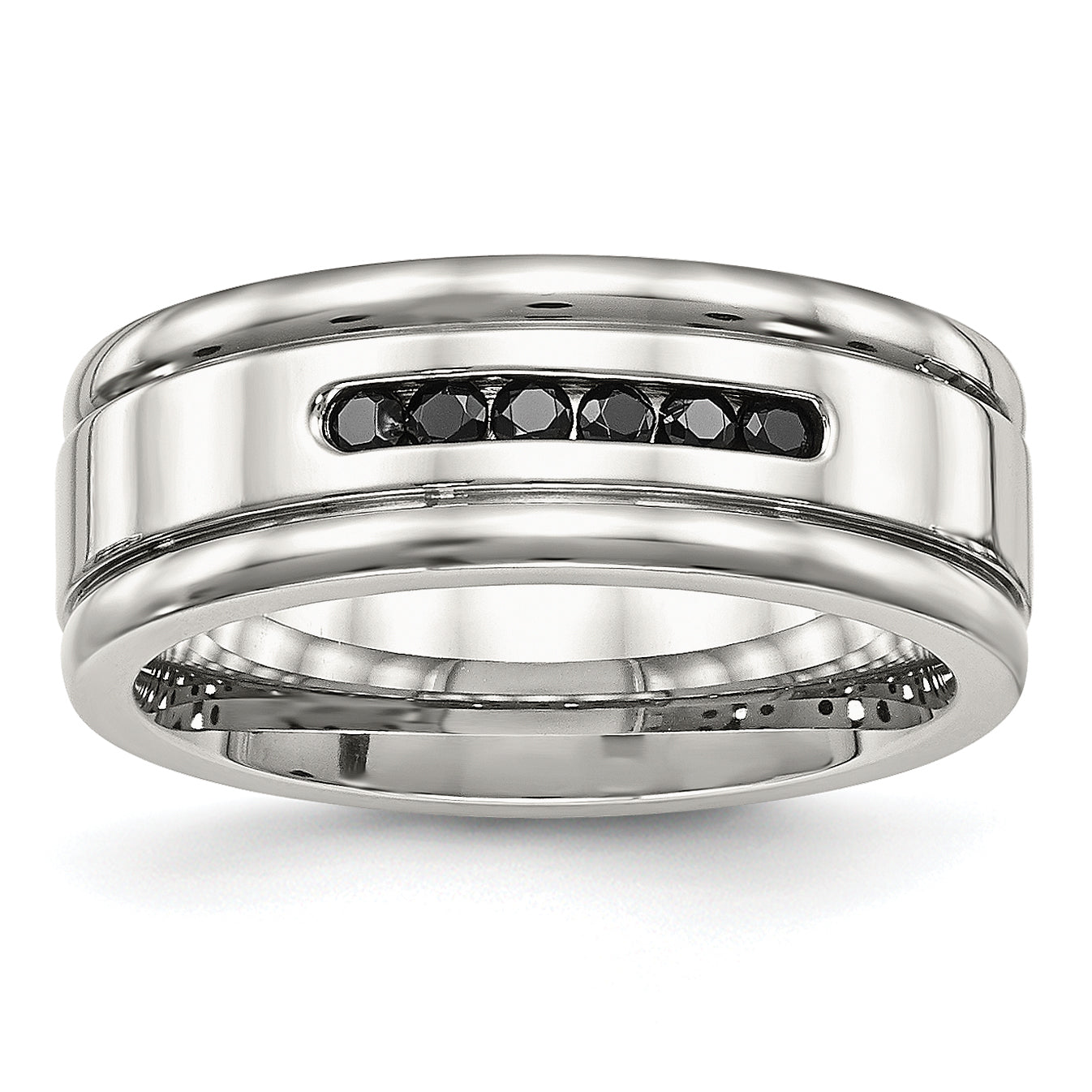 Stainless Steel Polished w/Black CZ 8mm Grooved Band Main image
