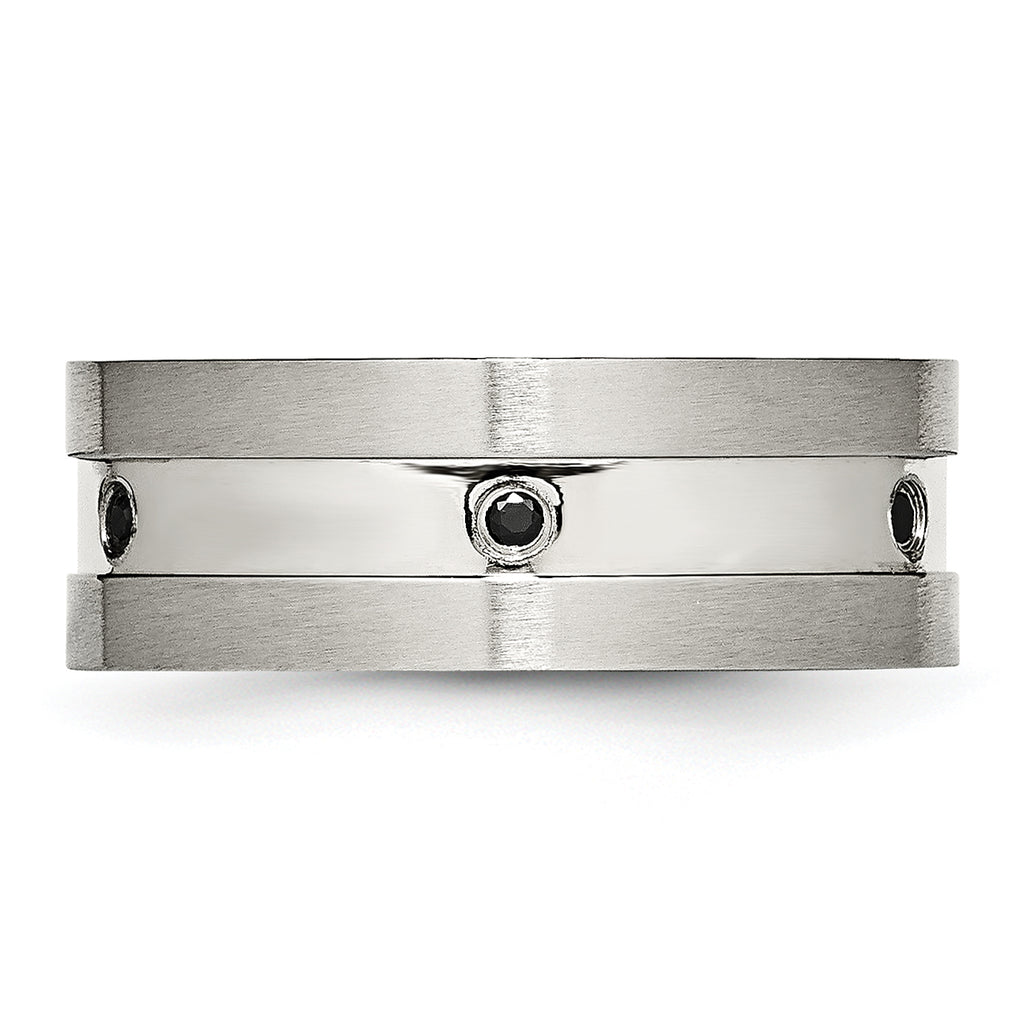 Stainless Steel Brushed and Polished w/Black CZ 8mm Band