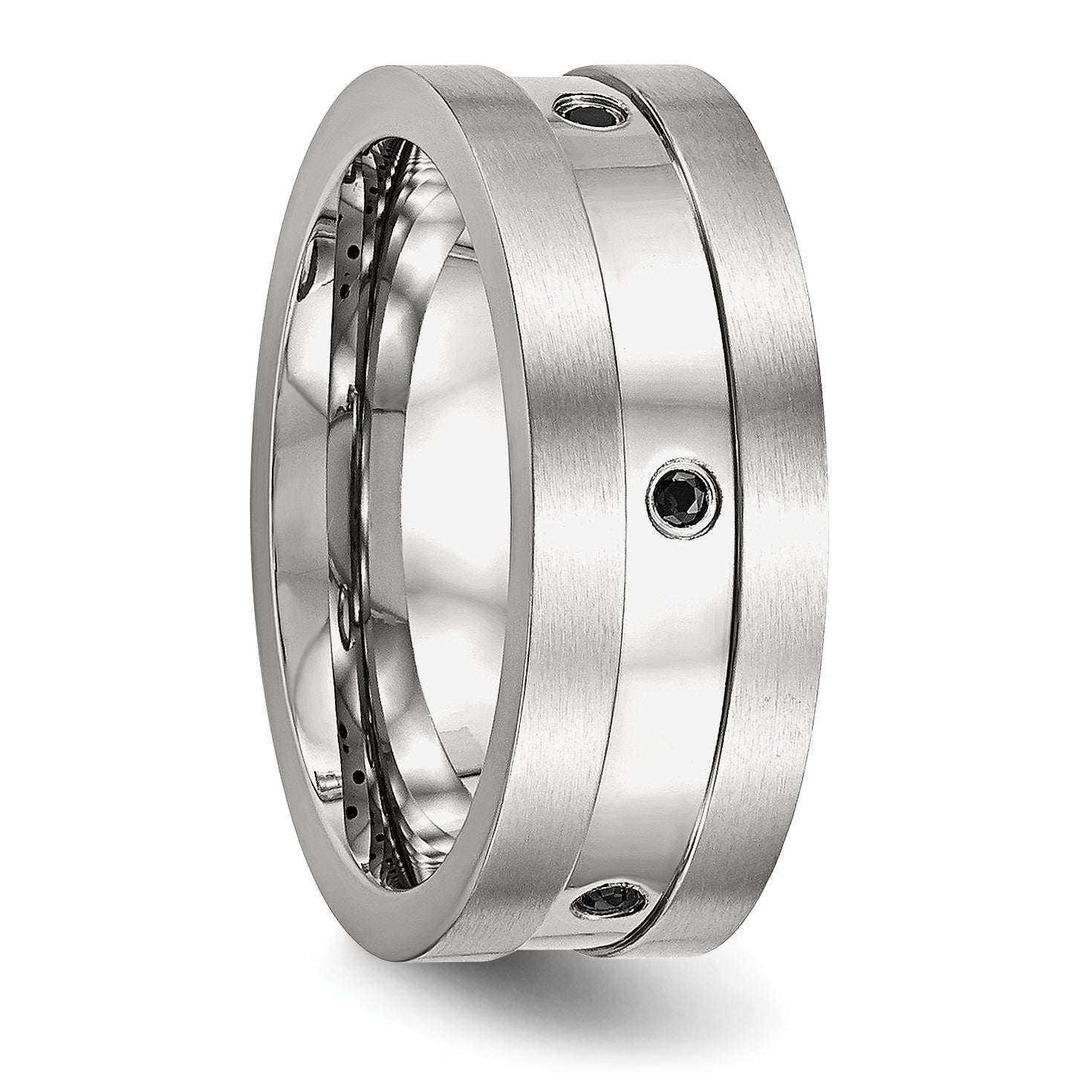 Stainless Steel Brushed and Polished w/Black CZ 8mm Band