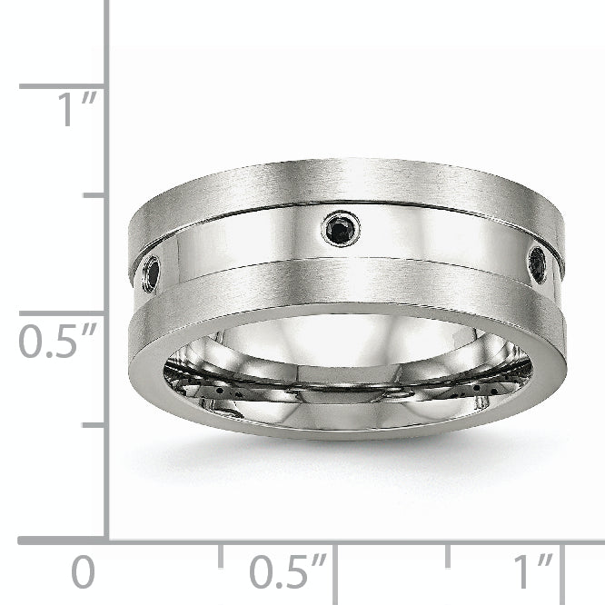 Stainless Steel Brushed and Polished w/Black CZ 8mm Band