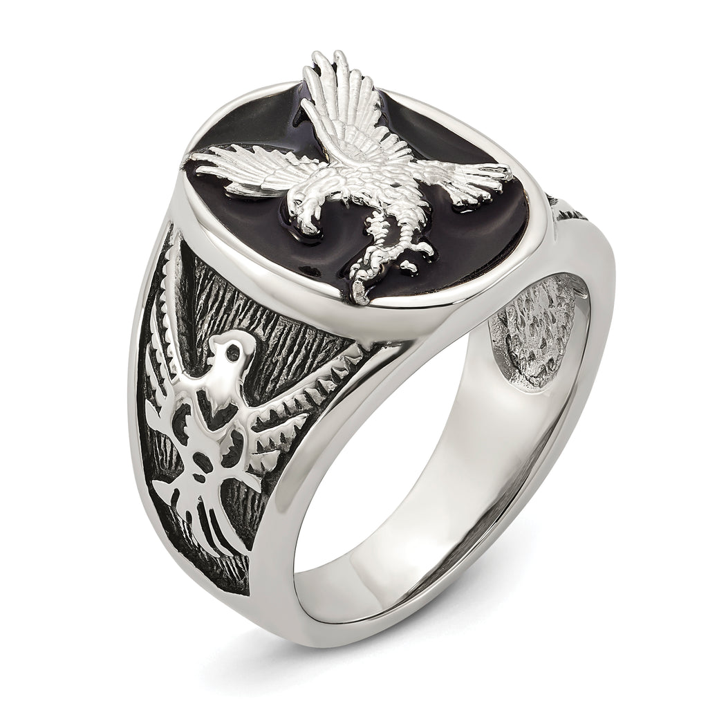 Chisel Stainless Steel Polished and Textured Enameled Eagle Ring