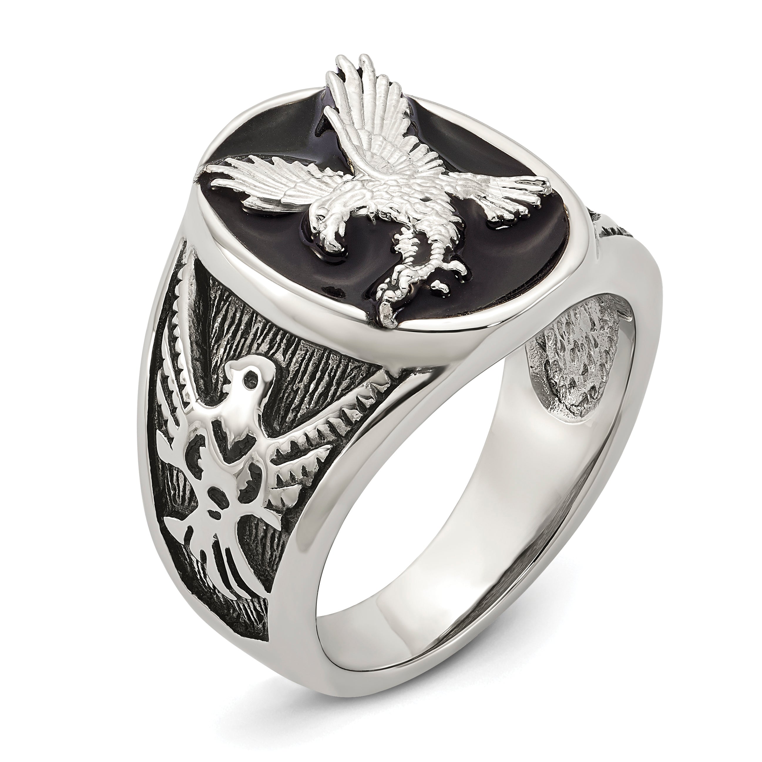 Chisel Stainless Steel Polished and Textured Enameled Eagle Ring