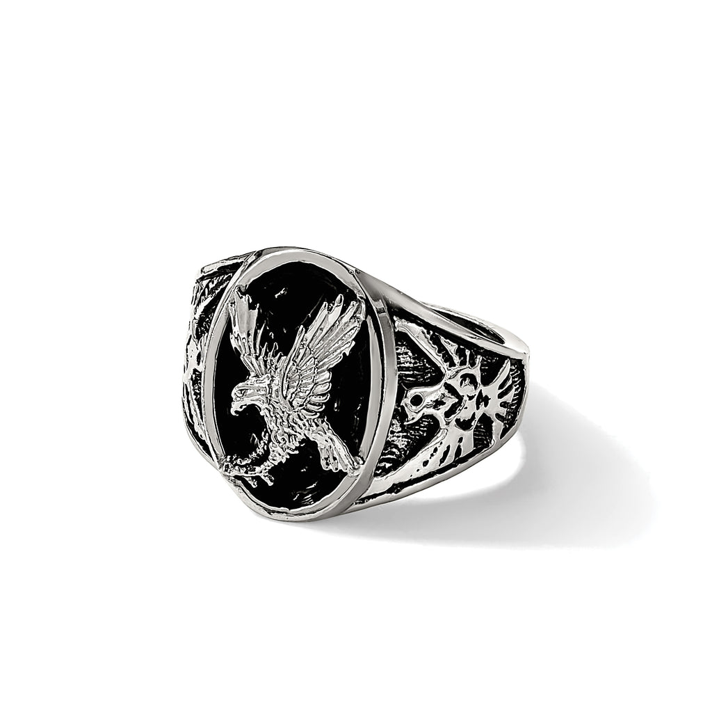 Chisel Stainless Steel Polished and Textured Enameled Eagle Ring