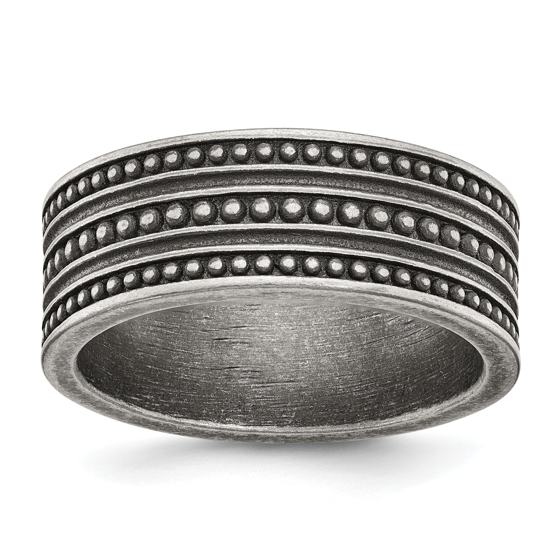 Chisel Stainless Steel Antiqued Gun Metal IP-plated Beaded 10mm Flat Band