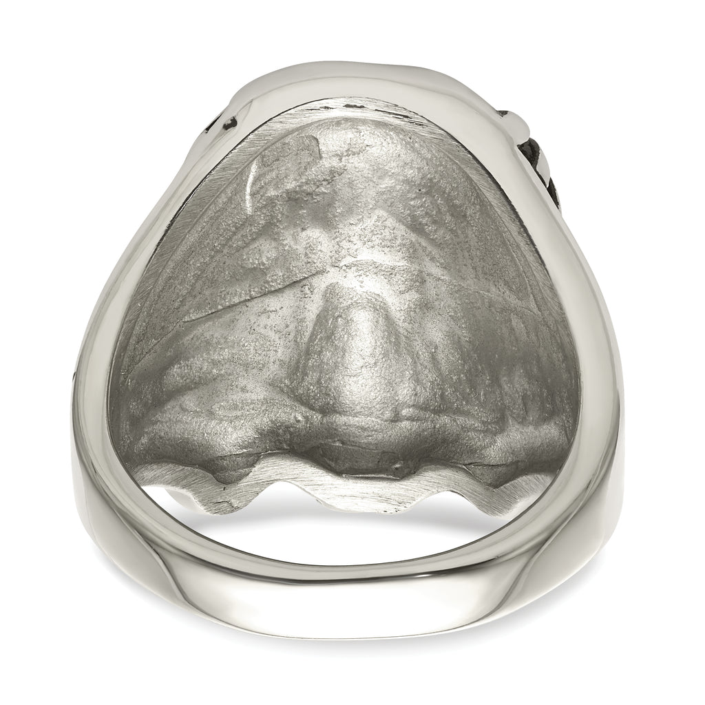 Chisel Stainless Steel Antiqued and Polished with Black and White Crystal Jesus Ring