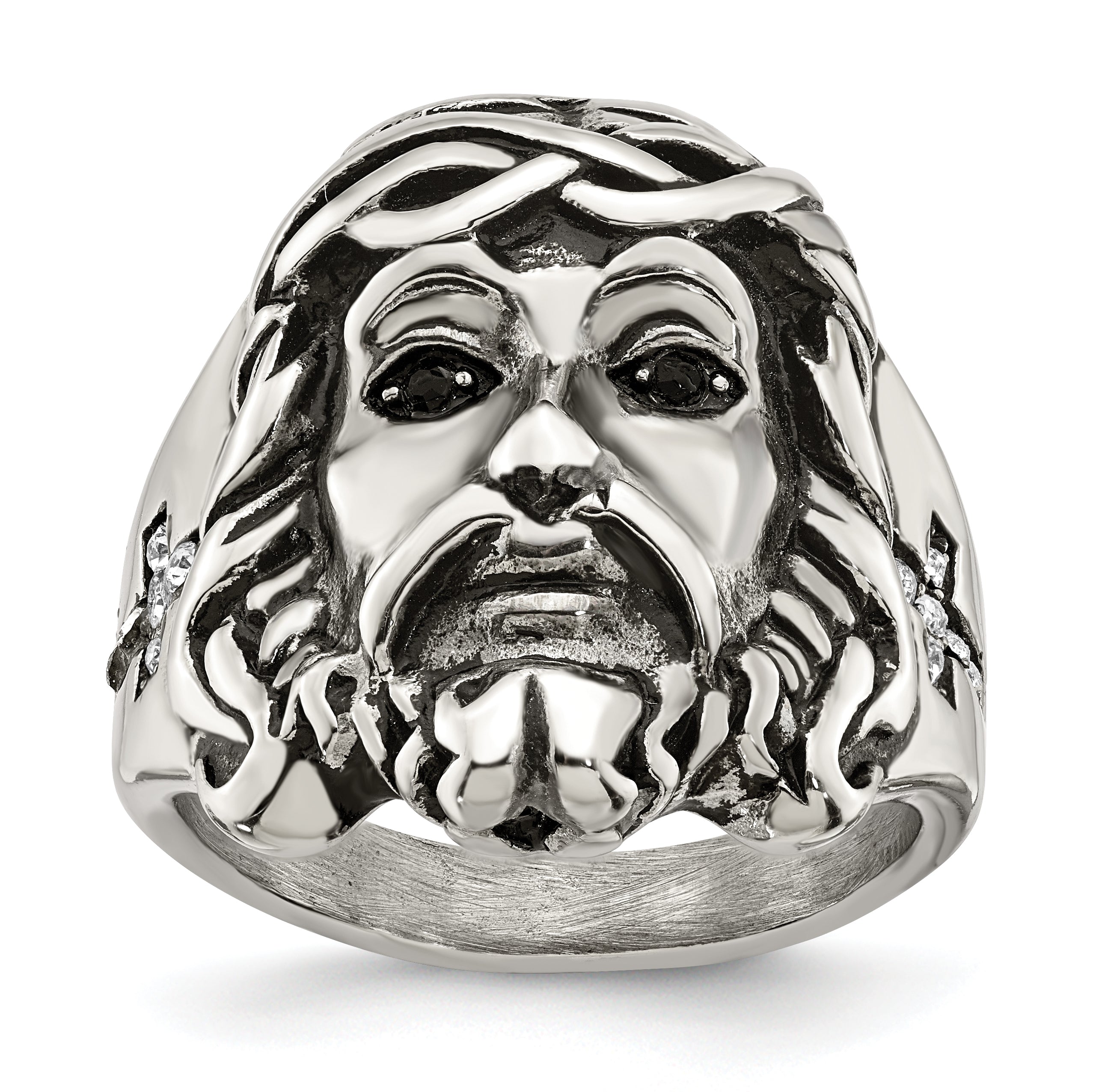 Chisel Stainless Steel Antiqued and Polished with Black and White Crystal Jesus Ring Main image