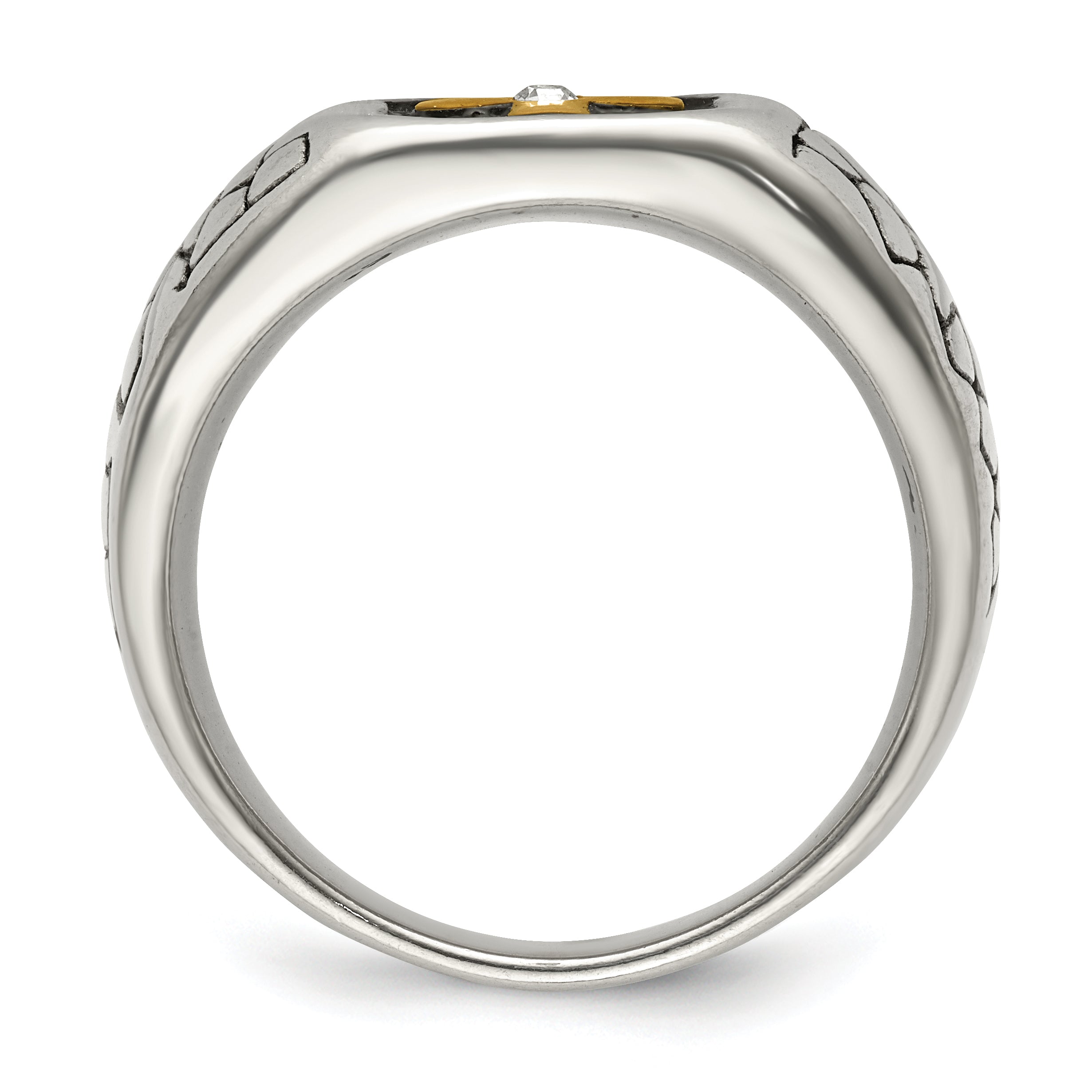 Chisel Stainless Steel Antiqued and Polished Yellow IP-plated with Crystal Cross Ring Secondary image