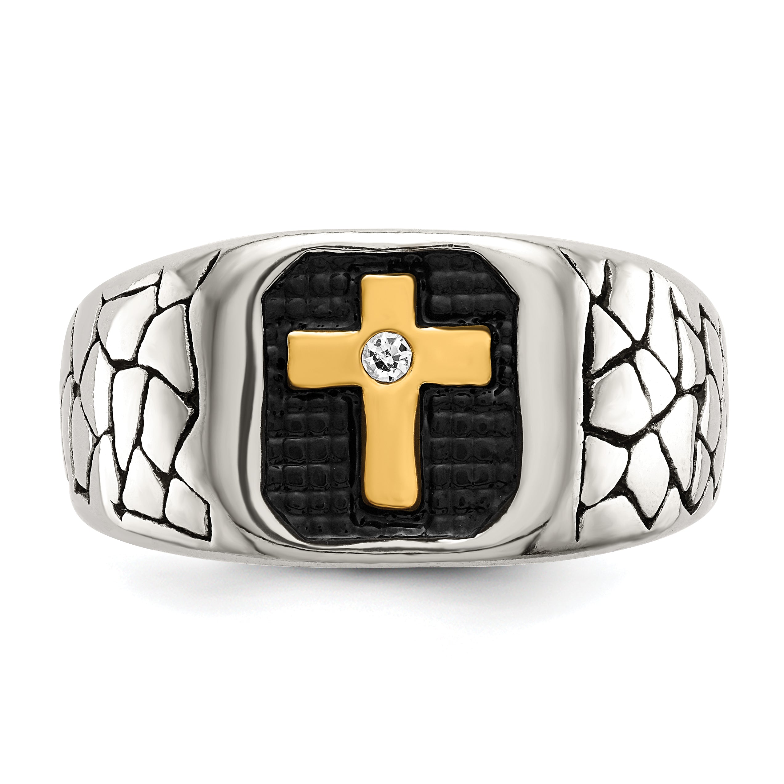 Chisel Stainless Steel Antiqued and Polished Yellow IP-plated with Crystal Cross Ring