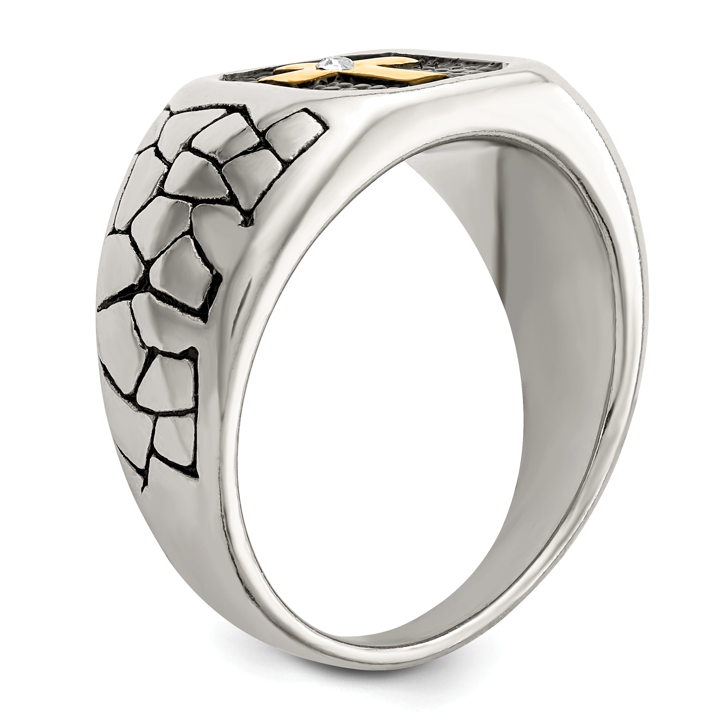Chisel Stainless Steel Antiqued and Polished Yellow IP-plated with Crystal Cross Ring