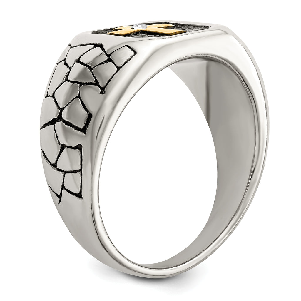 Chisel Stainless Steel Antiqued and Polished Yellow IP-plated with Crystal Cross Ring