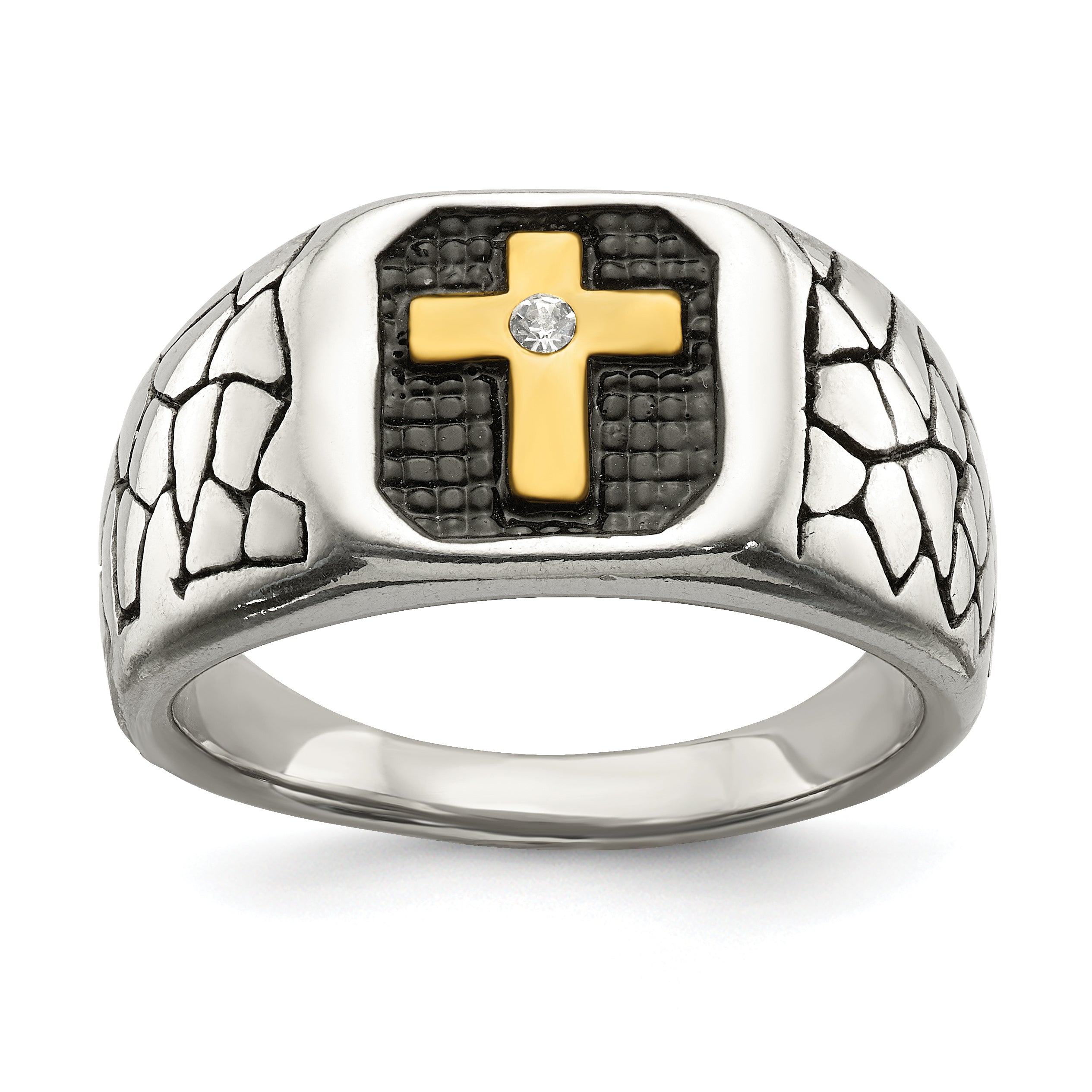 Chisel Stainless Steel Antiqued and Polished Yellow IP-plated with Crystal Cross Ring Main image