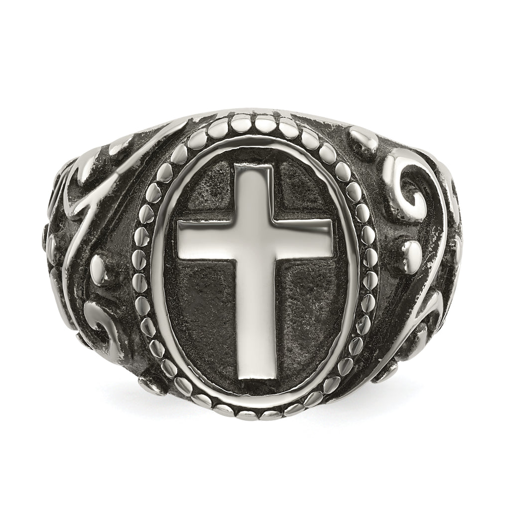 chisel Stainless Steel Antiqued and Polished Cross Ring