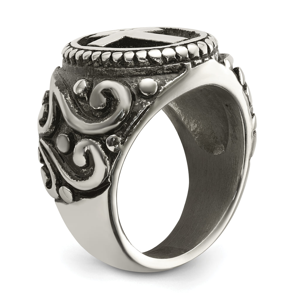 chisel Stainless Steel Antiqued and Polished Cross Ring