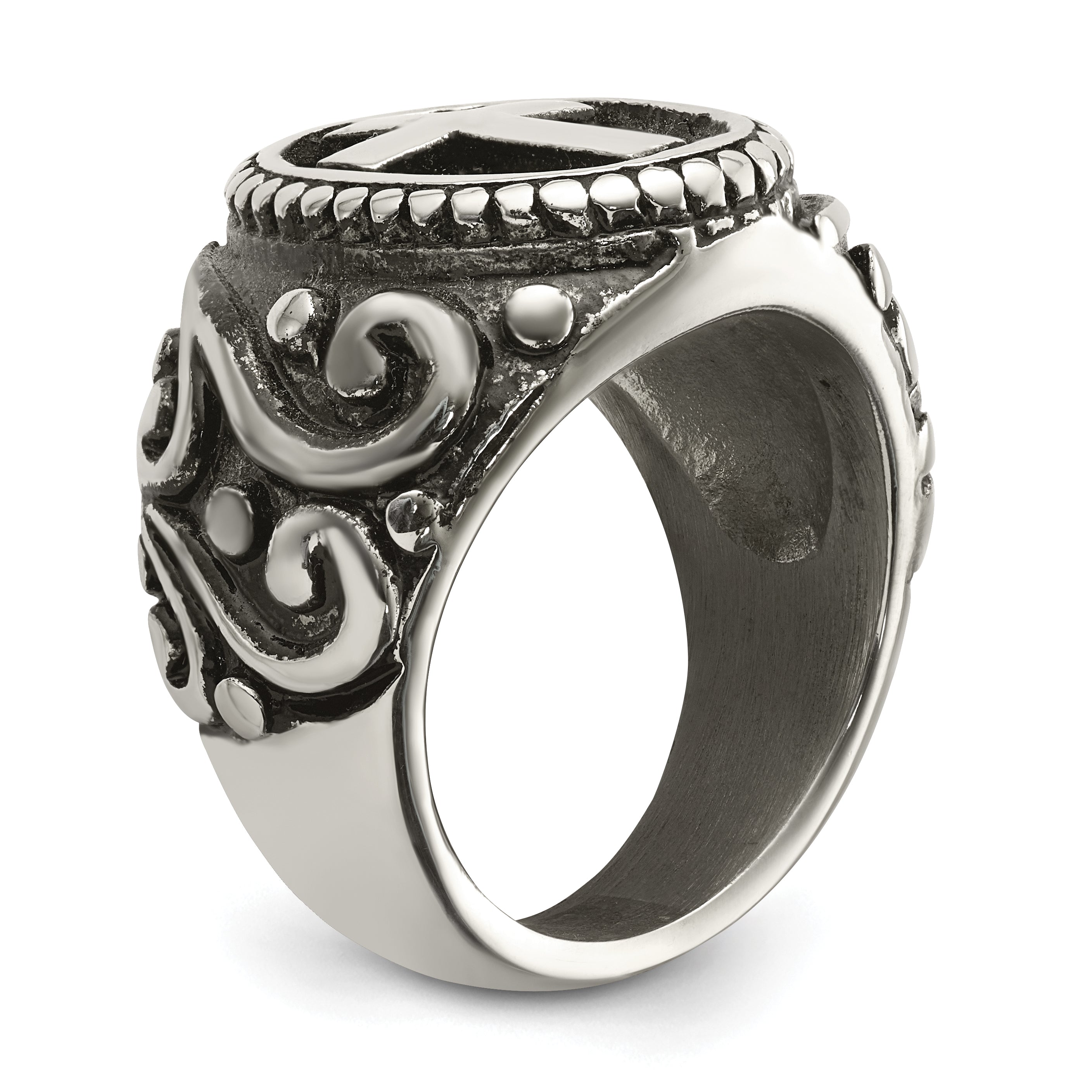 chisel Stainless Steel Antiqued and Polished Cross Ring