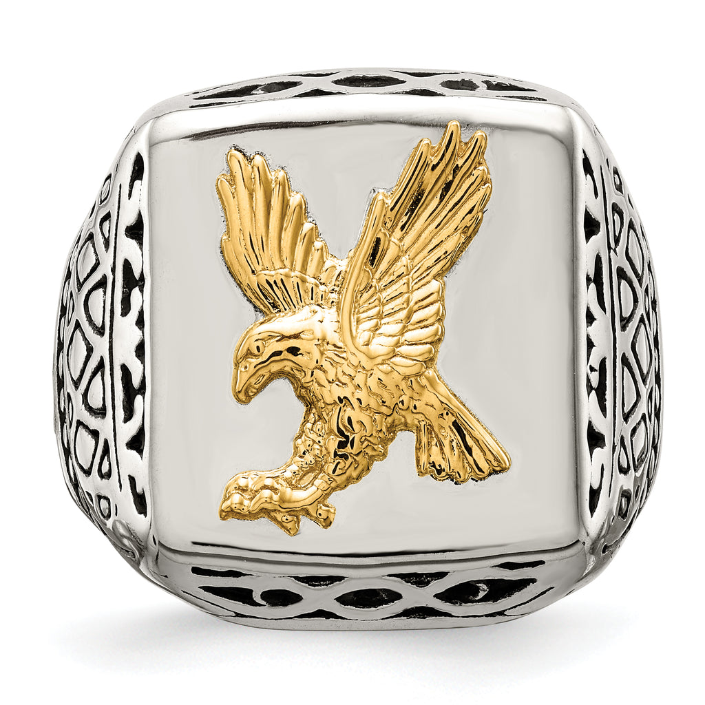Chisel Stainless Steel with 14k Gold Accent Antiqued and Polished Eagle Ring